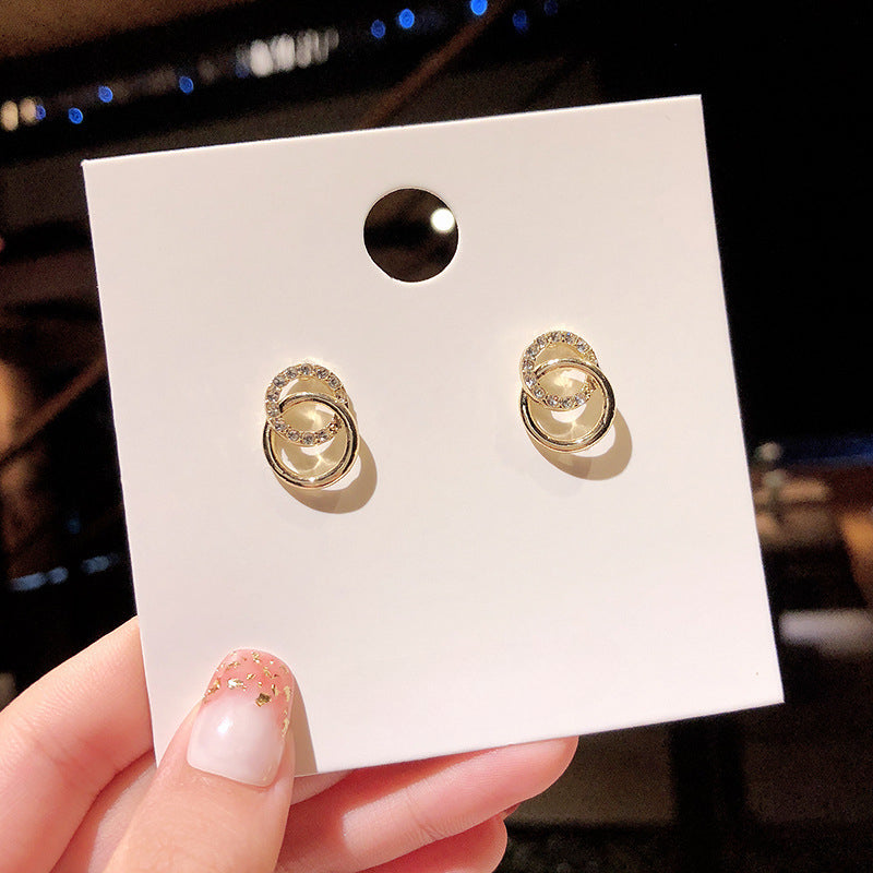 Double Circle Metal Crystal Stud Earrings