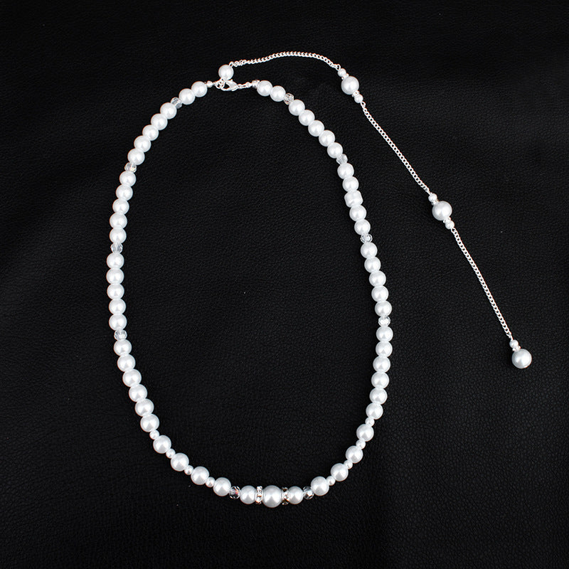 long pearl pendant fringe necklace back body chain