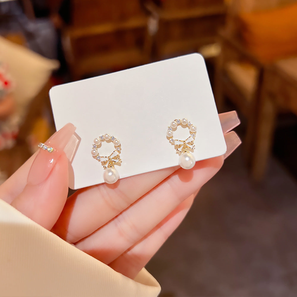 Pearl Rhinestone Bow Earrings