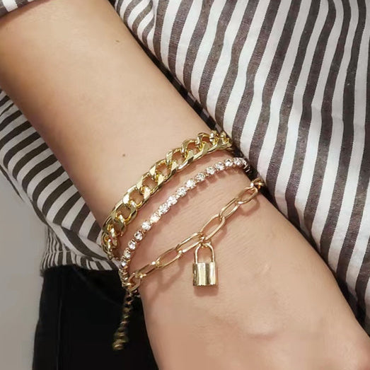 Women Crystal Chain Lock Charm Bracelet Set