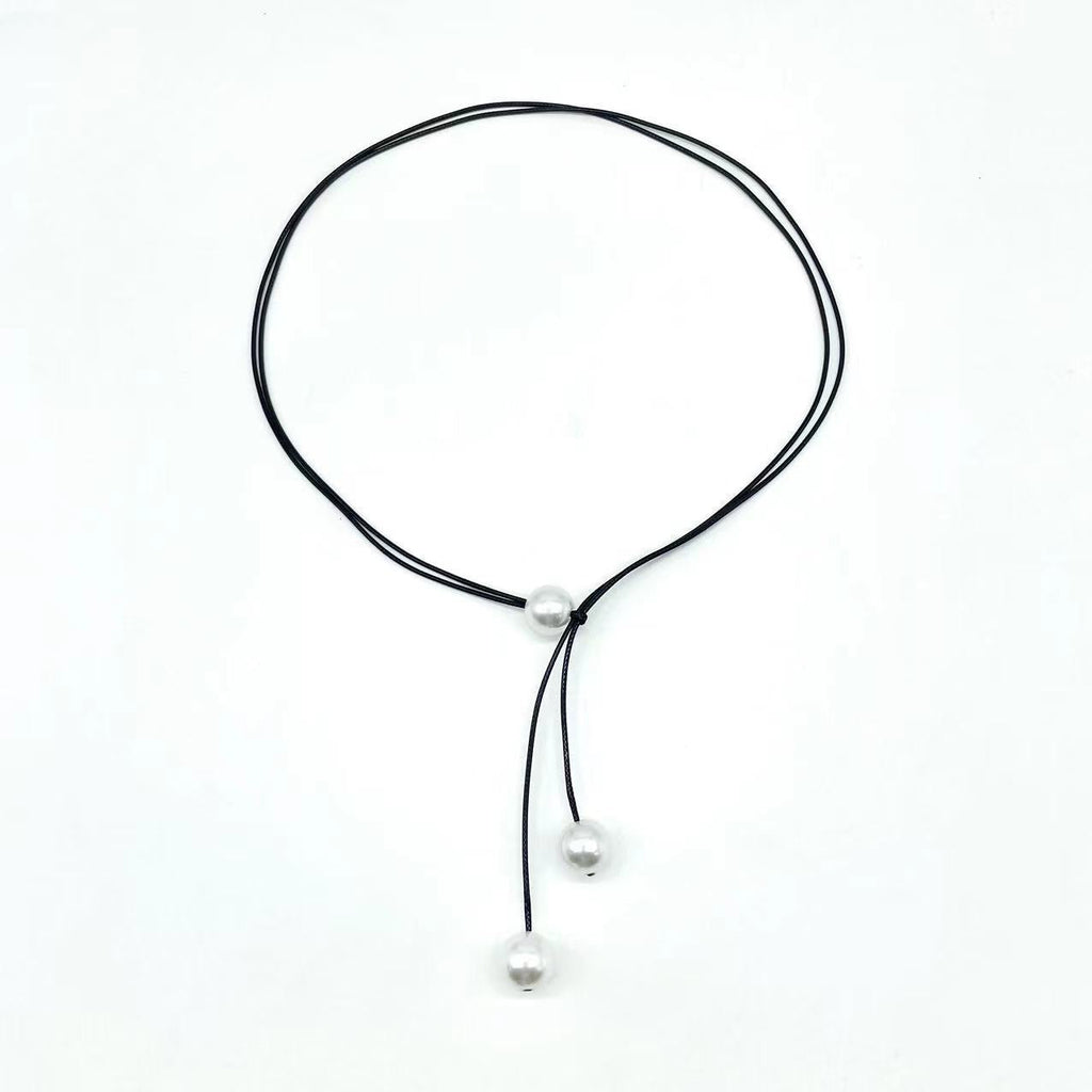 Black Wax Rope Faux Pearl Pendant Necklace