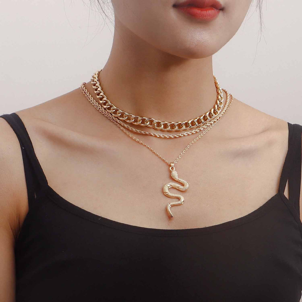 Vintage Cuban Chain Multi Layered Snake Pendant Necklace