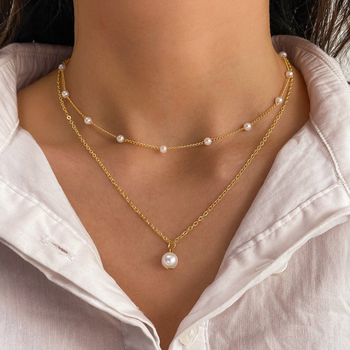 Pearl Tassel Pendant Necklace Double Layer