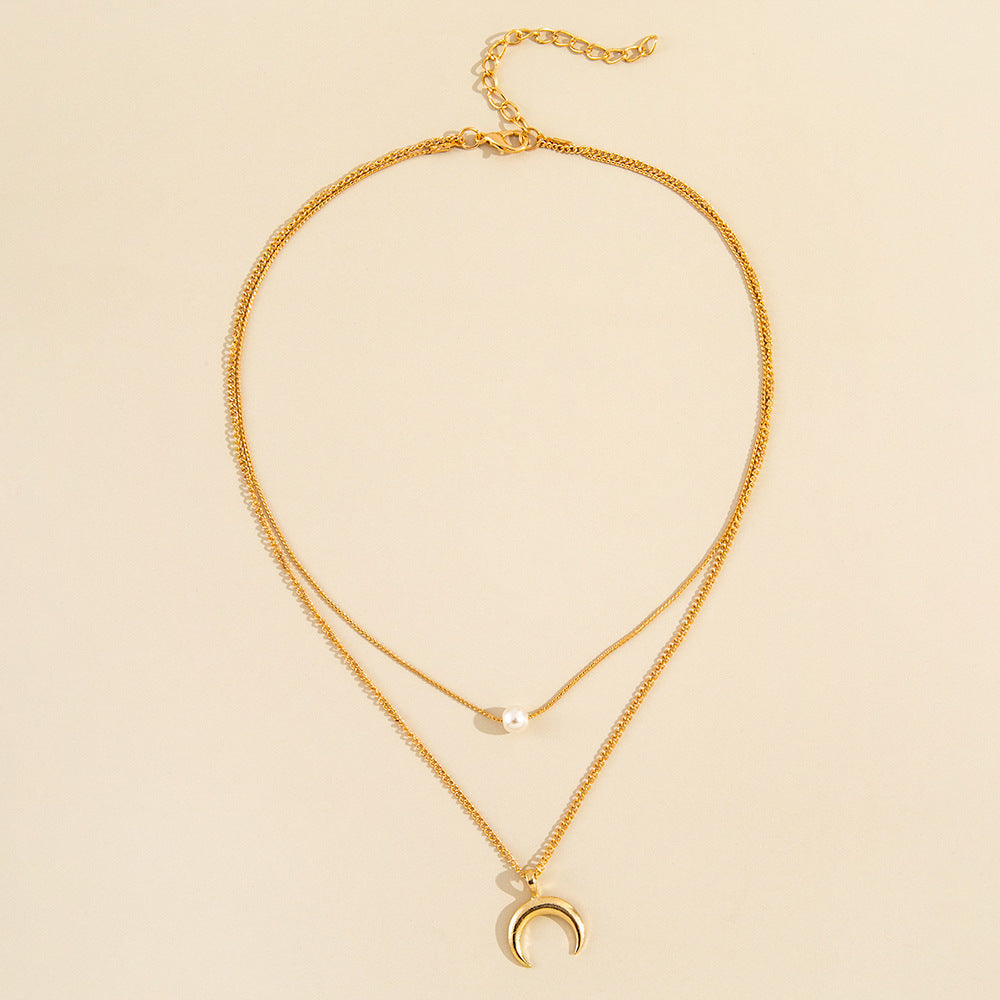 Double Layer Crescent Pearl Pendant Necklace