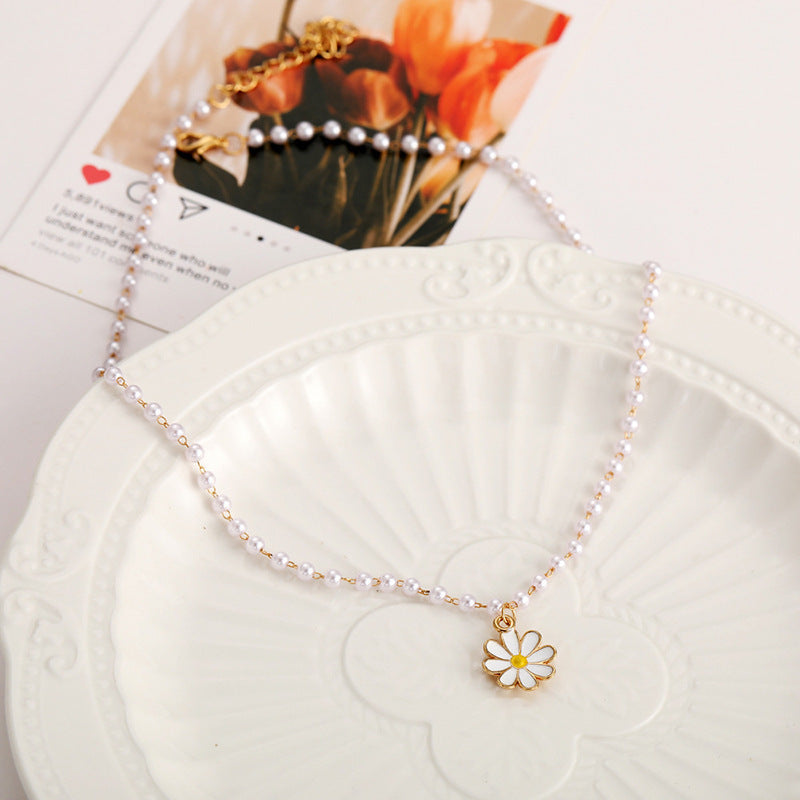 Enamel Flower Necklace Pearl Daisy Pendant