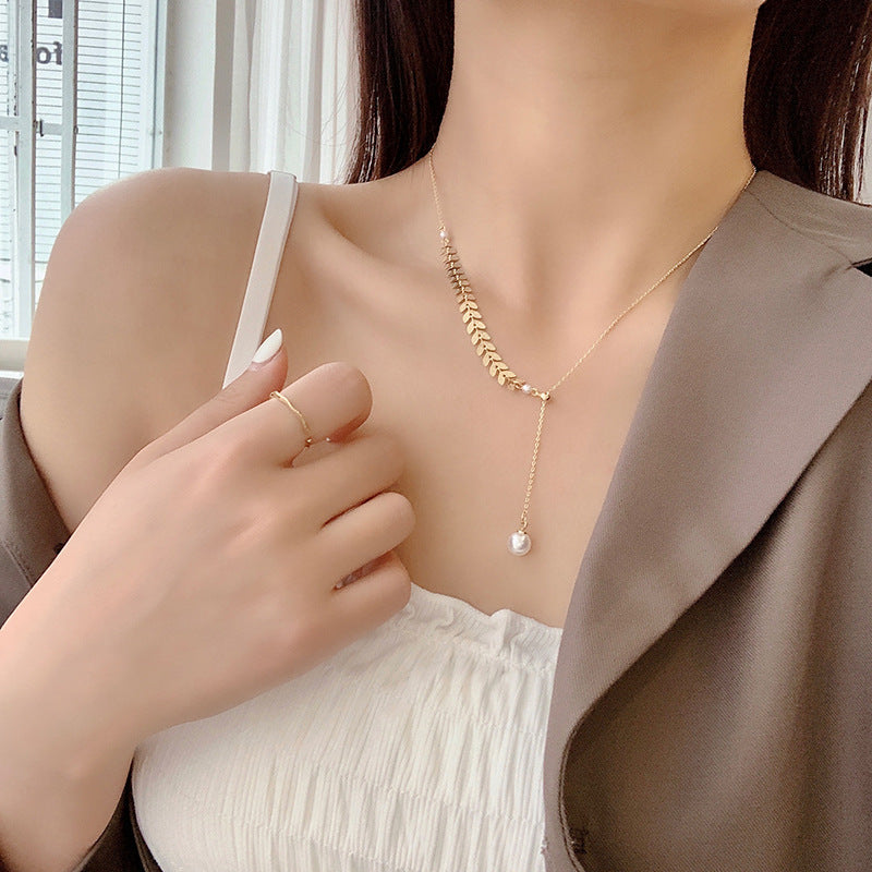 Three-piece Wheat Pearl Necklace Earrings Bracelet Set Jewelry