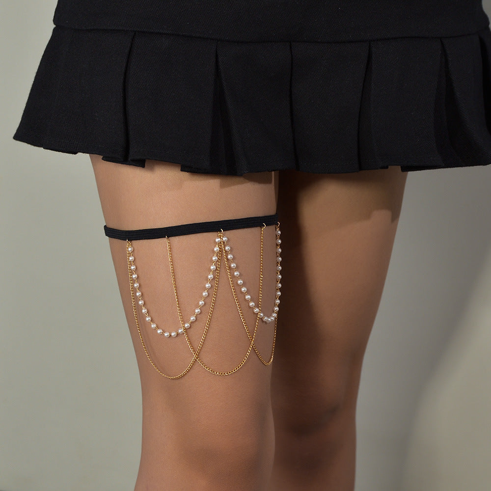 Sexy Beach Body Chain Nightclub Party Multi-layer Tassel Pearl Leg Chain
