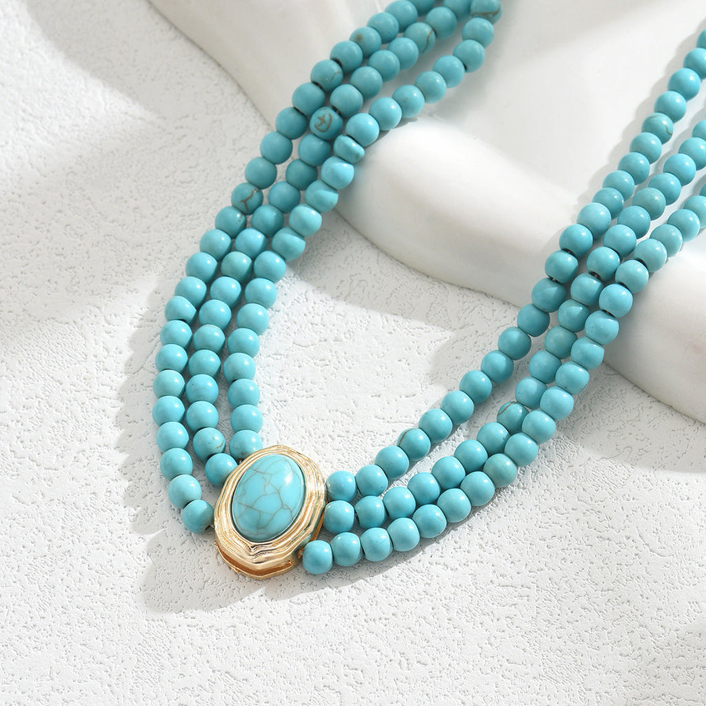 Retro Geometric Beaded Necklace Simple Turquoise Multi-layer