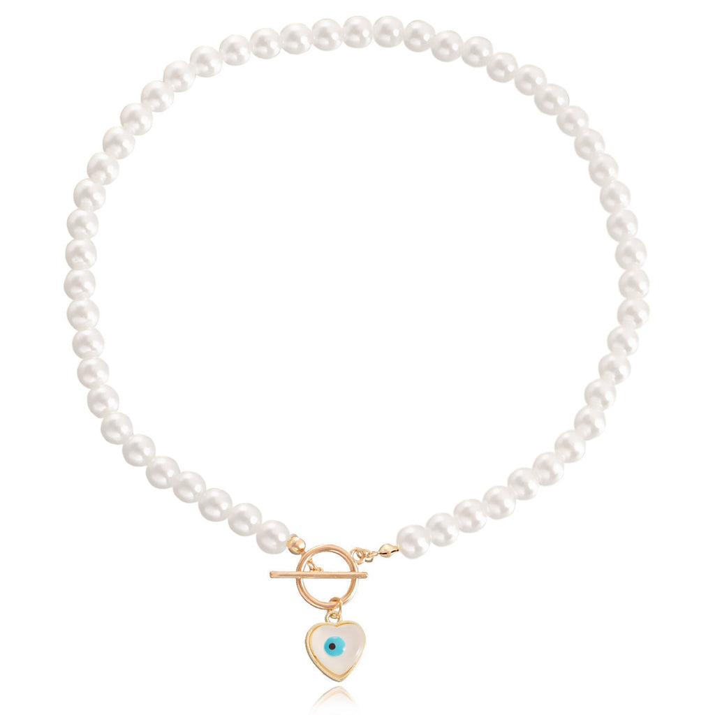 Pearl Beads Chain Necklace Blue Turquoise Heart Pendant Choker