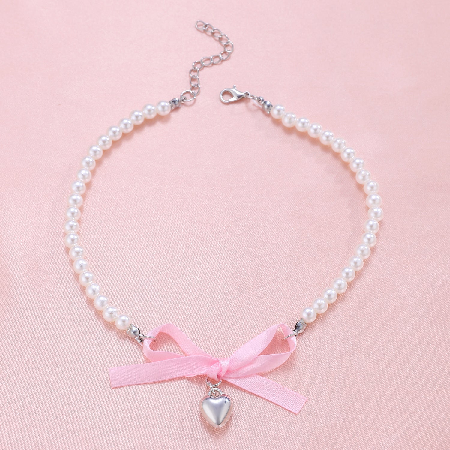 Romantic pink love Bow Pearl Necklace