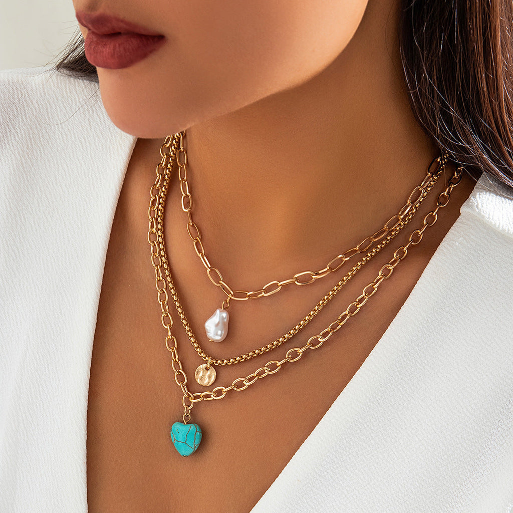 Women Ethnic Baroque Pearl Necklace Set Vintage Turquoise Heart Necklace