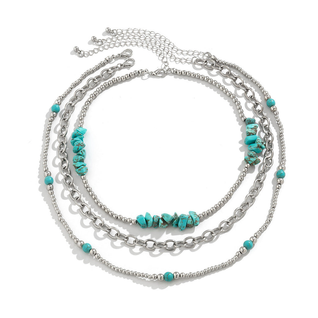 Boho Layered Cuben Chain Turquoise Natural Stone Beads Necklace