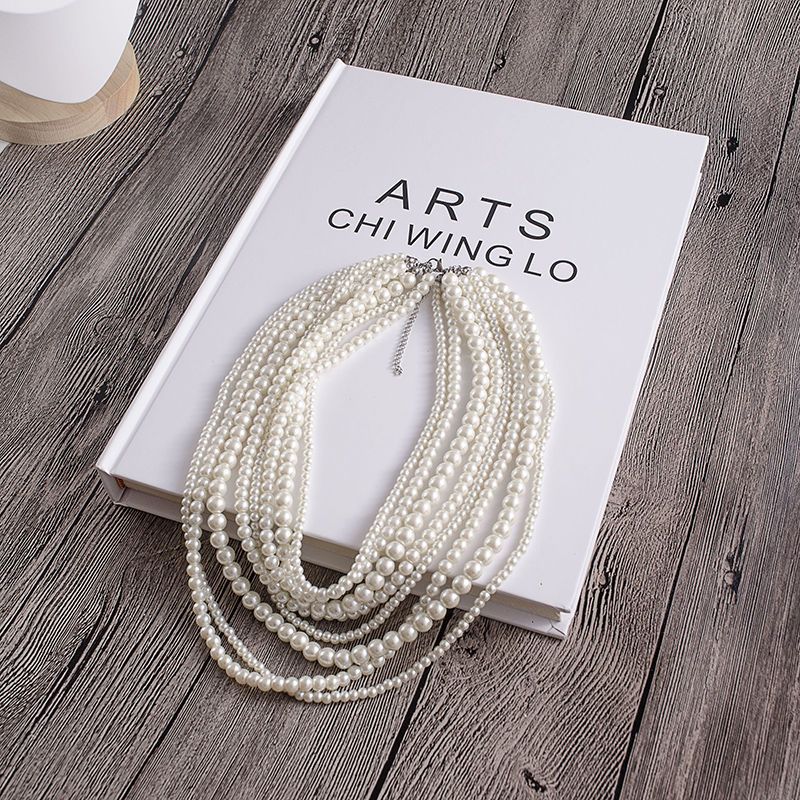 8 Layers Strand Simulated Pearl Strand Bib Necklace Choker Chain Necklace