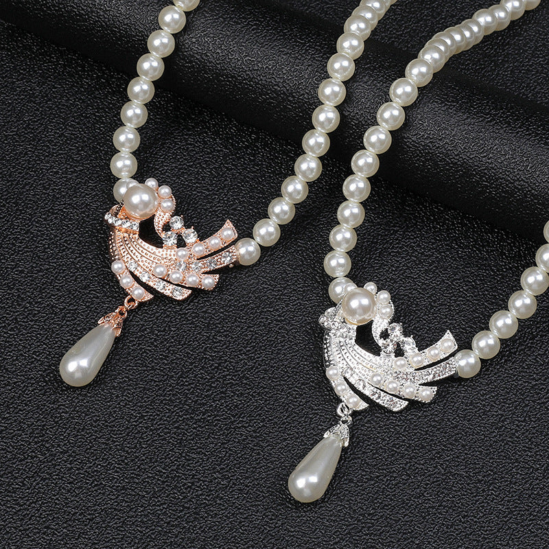 Women Wedding Dress Pearl Earrings Necklace Set