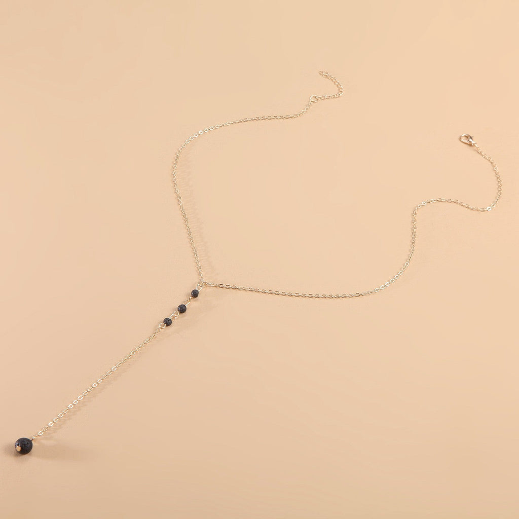 Nature Bead Lava Stone Long Pendant Necklace