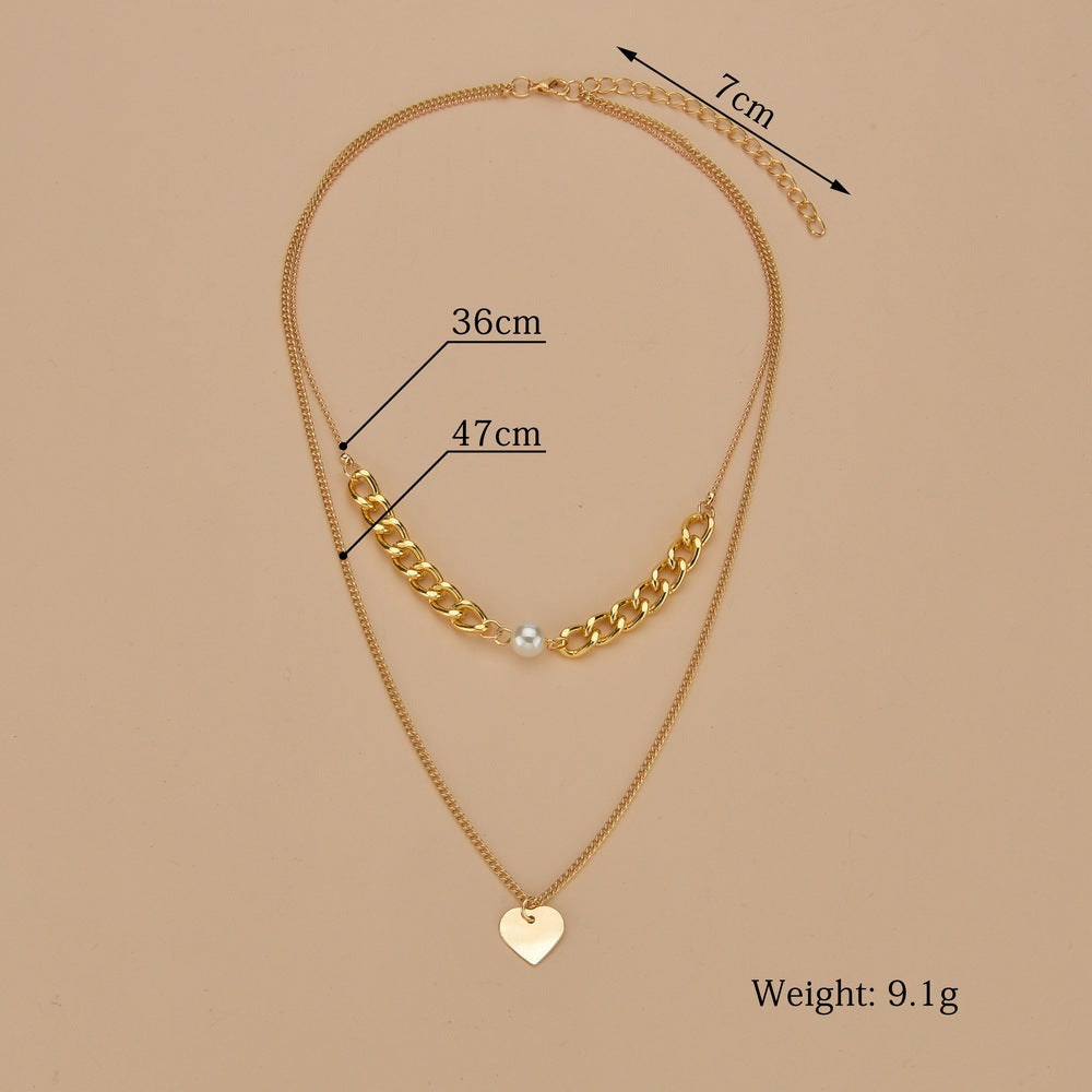 Double Layers Chain Heart Pearl Pendant Necklace