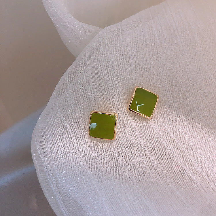 Green Enamel Geometry Square Stud Earrings