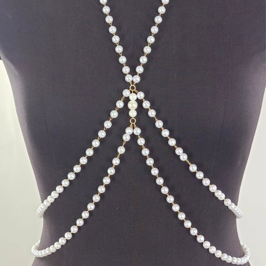 Double Layer Cross White Pearl Waist Chain for Women