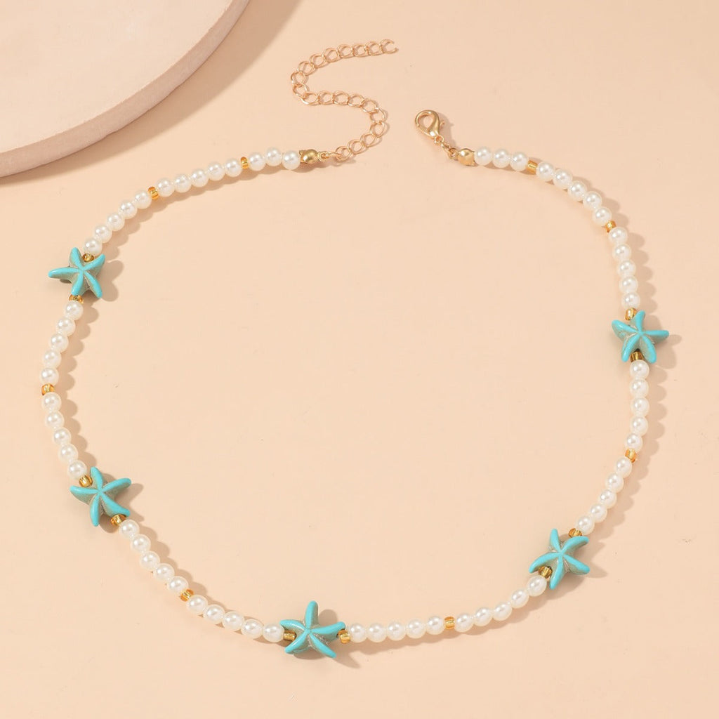 Boho Blue Starfish Pearl Chain Necklace