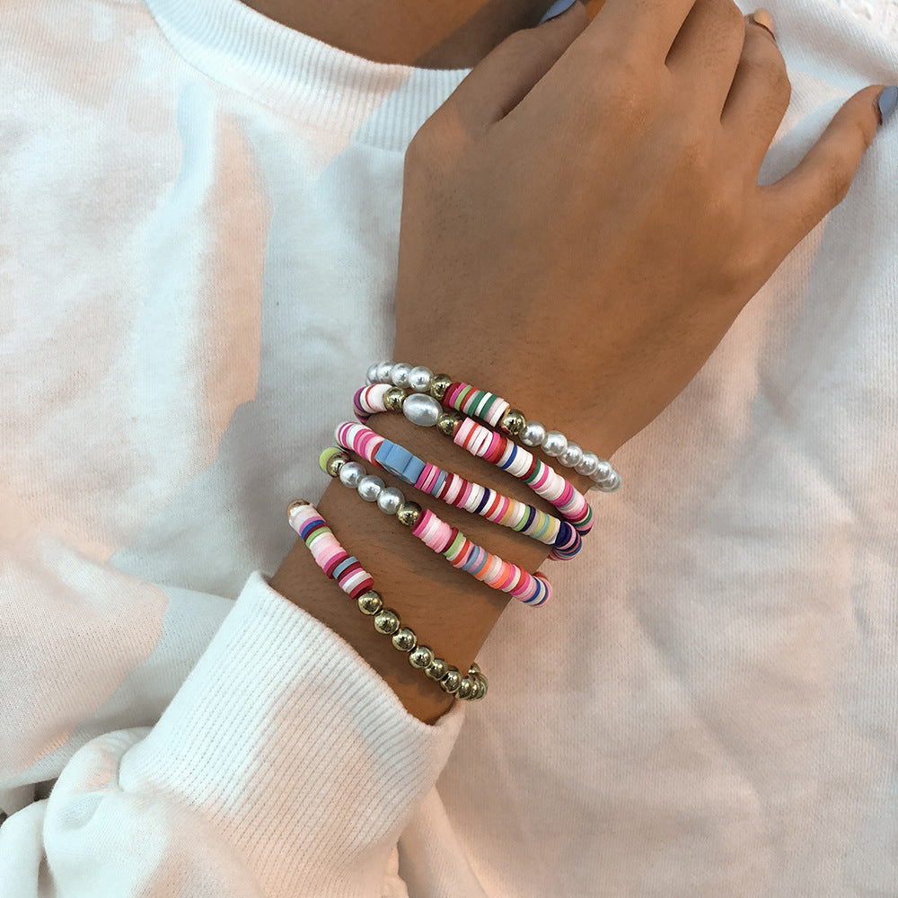 Bohemian Bracelet Colorful Polymer Clay Bead Vintage Pearl