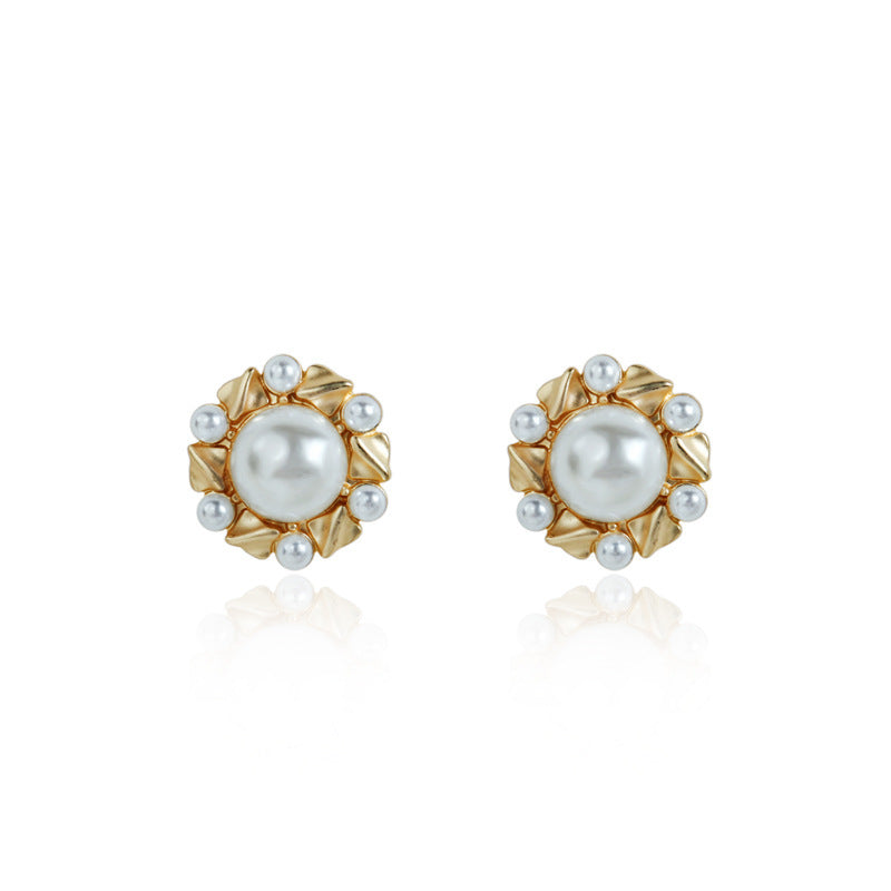 Metal Pearl Flower Round Earrings