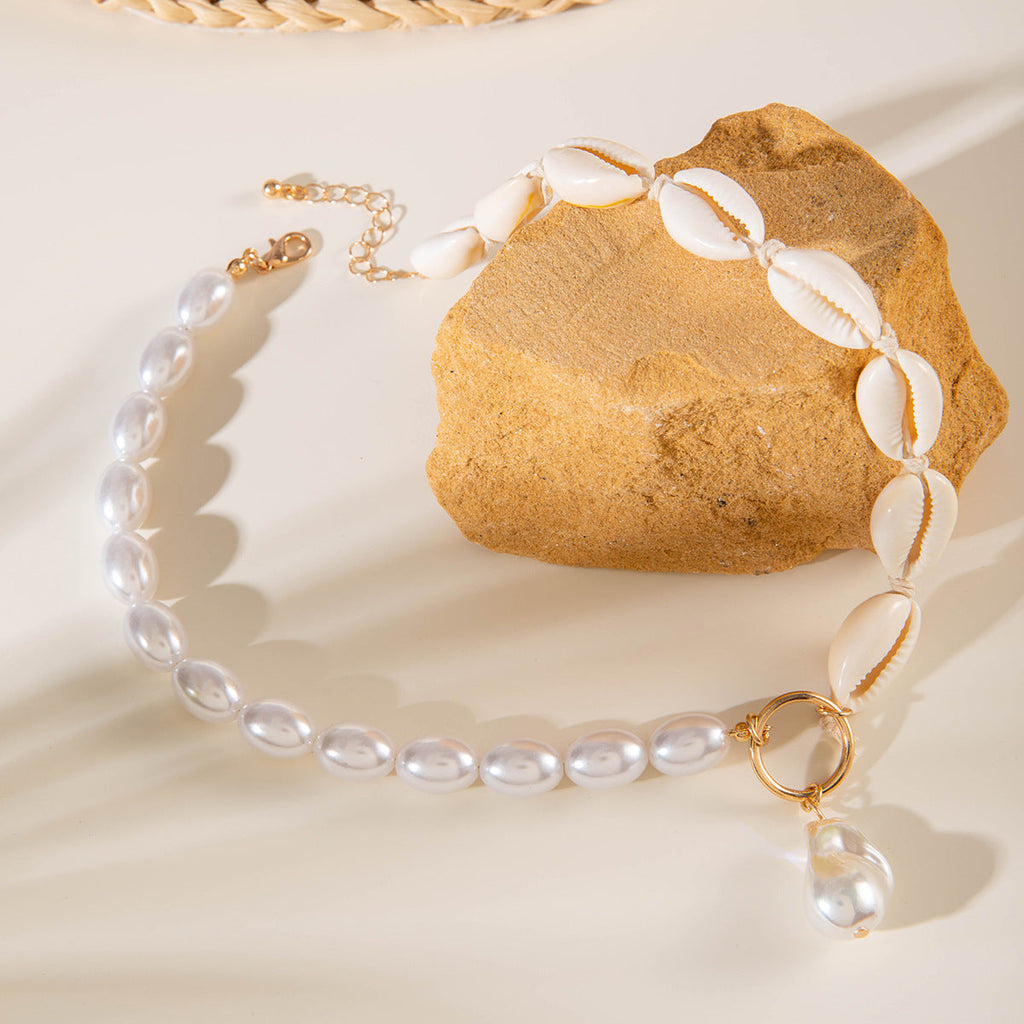 Elegant Bead Chain Pearl Sea Shell Pendant Necklace