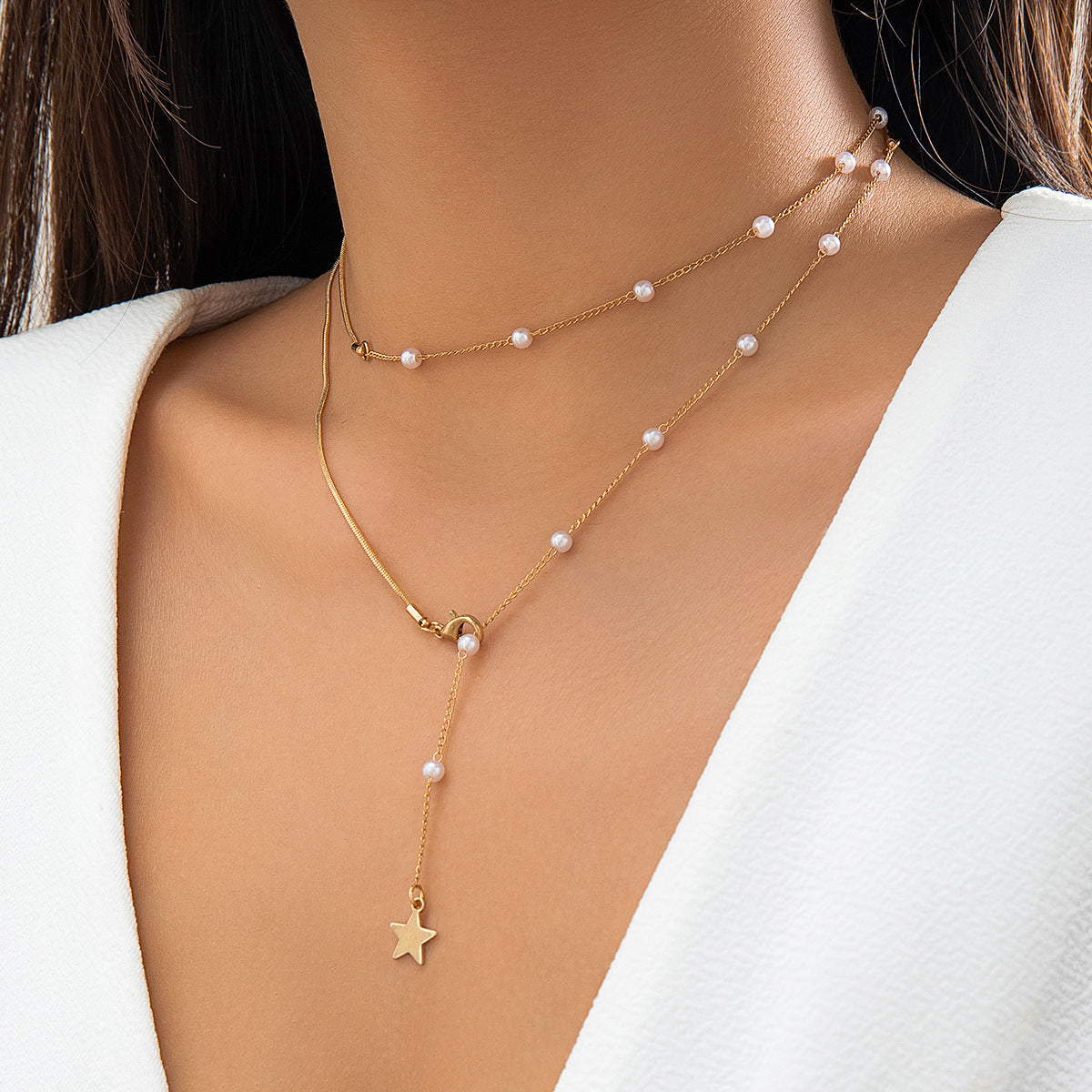 Double Layer Long Chain Pearl Necklace