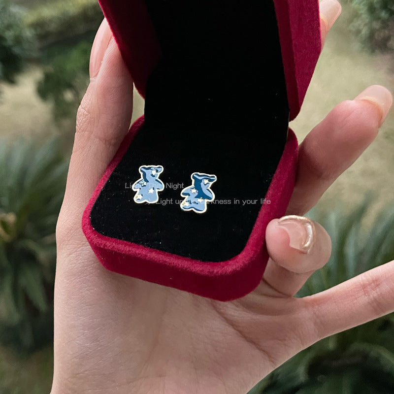 Blue Enamel Cartoon Bear Earring