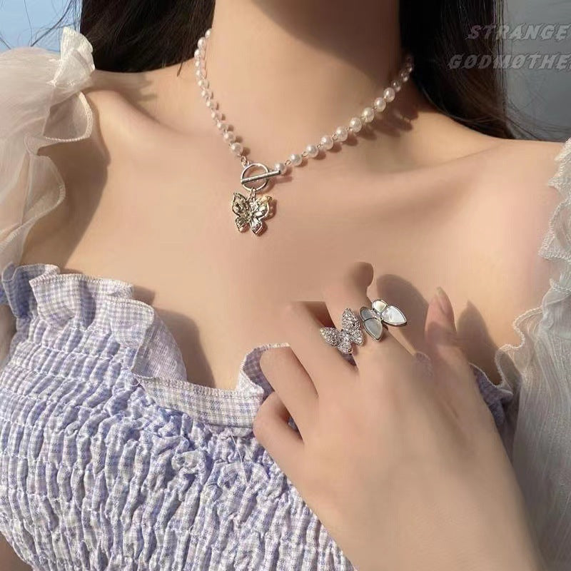Fashion Stone Pearl butterfly Choker Collar Necklace