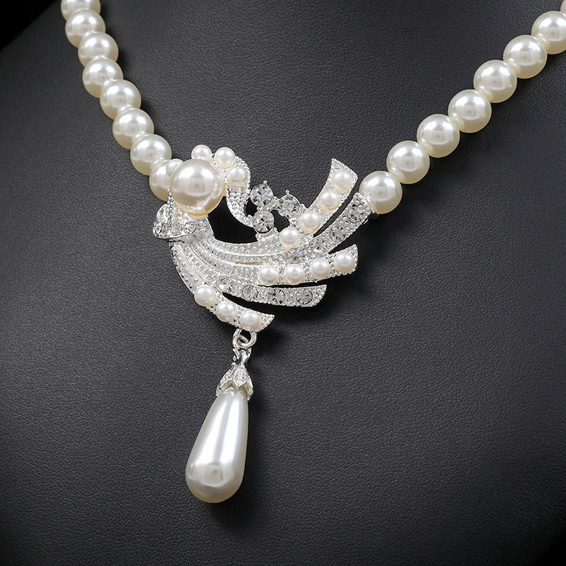Pearl Necklace Earrings Set Bridal Fashionable New Alloy Two-piece Jewelry Set