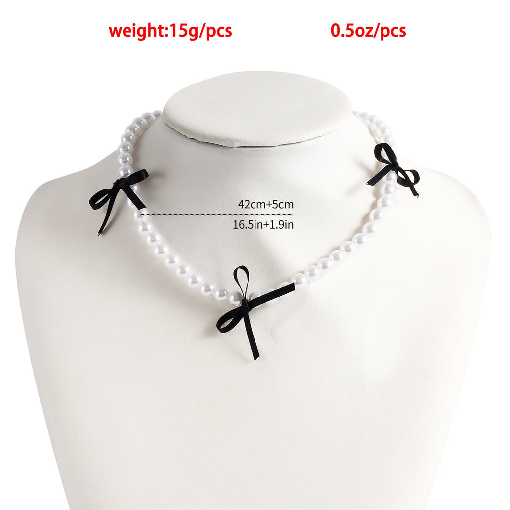 Black Ribbon Bow Necklace Love Pearl Bead