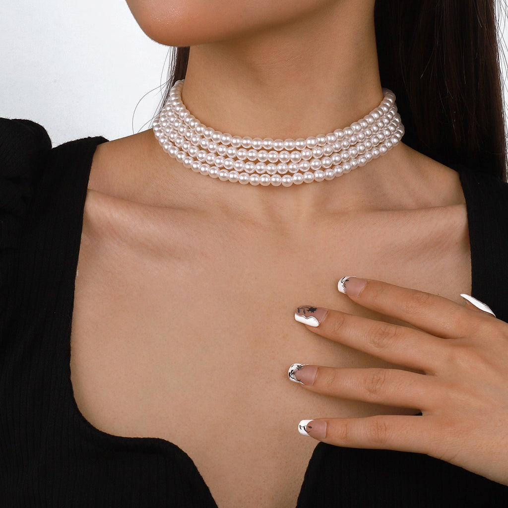 Boho Multi Layered Pearl Choker Necklace