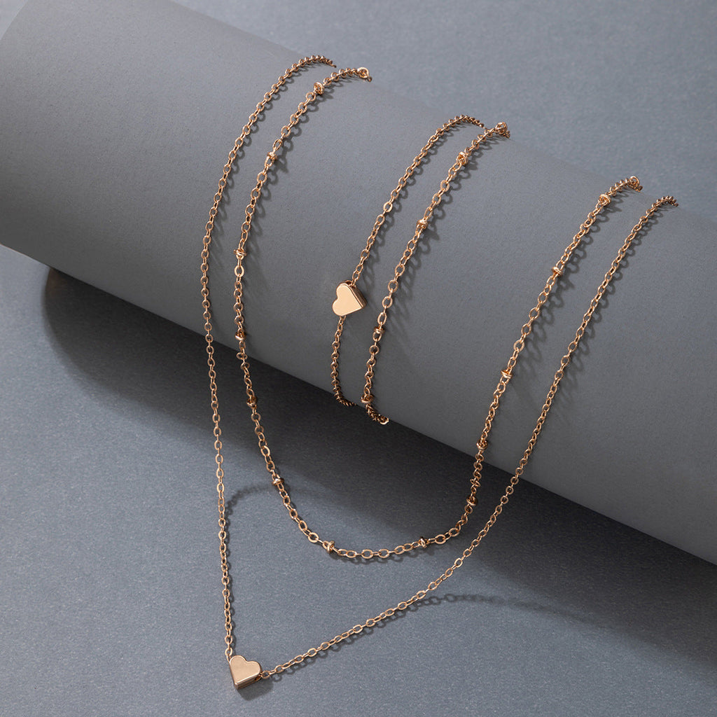 Multi Layer Clavicle Chain Peach Heart Pendant Necklace Jewelry Set