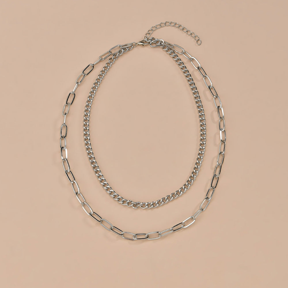 Double Layered Cuban Link Rectangle Chain Choker Necklace