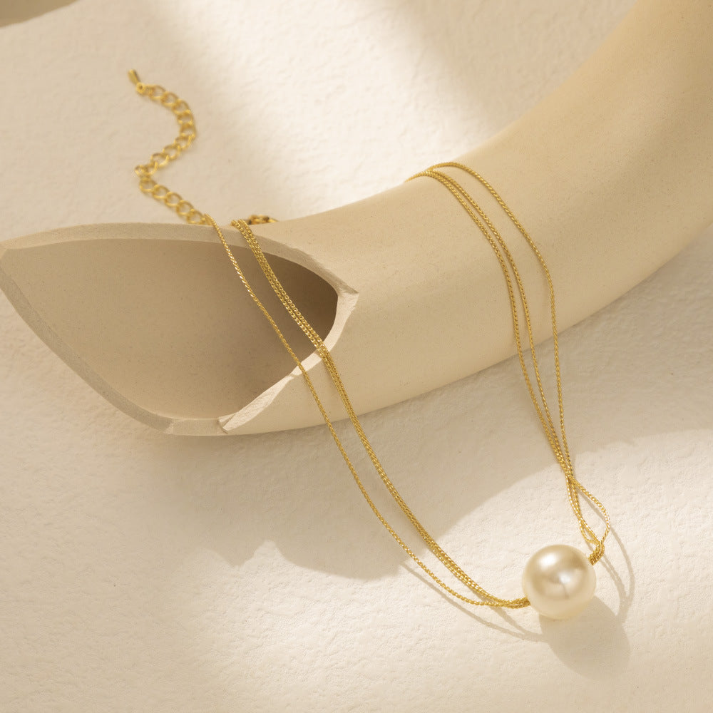 Double Layer Chain Necklace Big Pearl