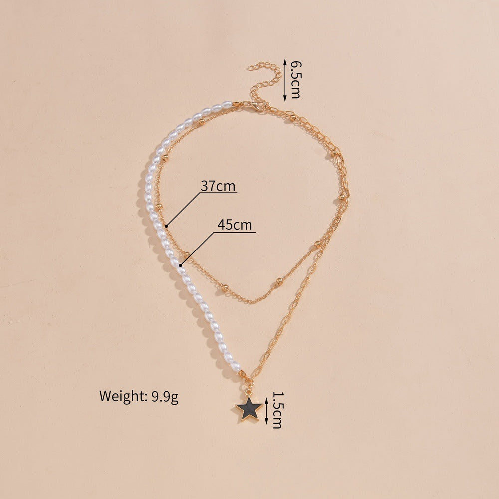 Double Layer Pearl Paperclip Chain Star Pendant Necklace Jewelry