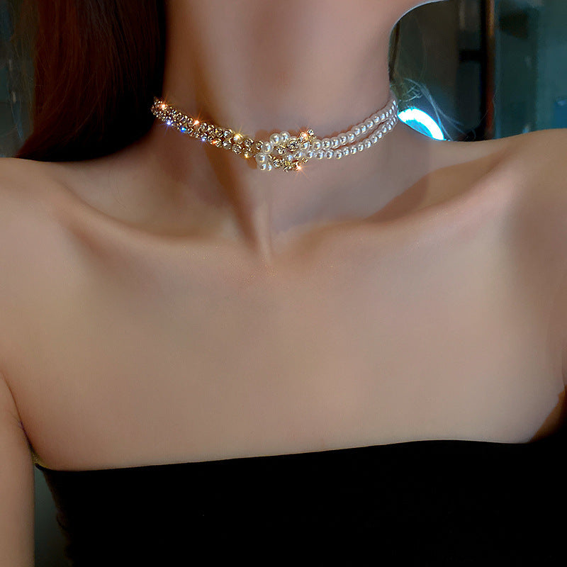 Pearl Crystal Short Chain Rhinestone Statement Necklace