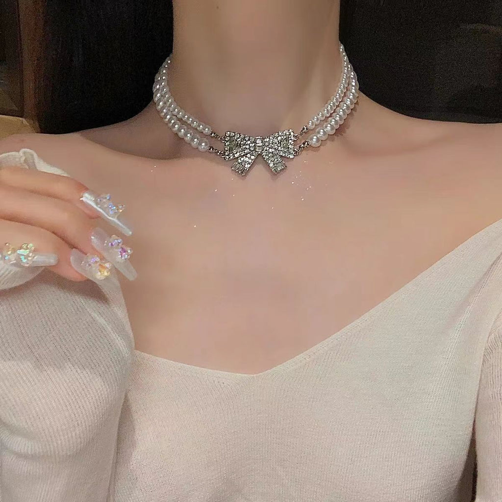 Full Stone Baroque Pearl Double-layer Bow Pendant Necklace