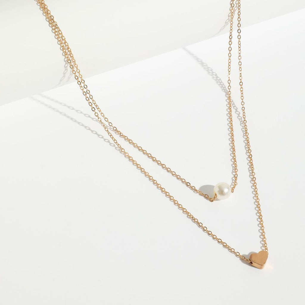 Women Pearl Charm Heart Pendant Double Layer Necklace