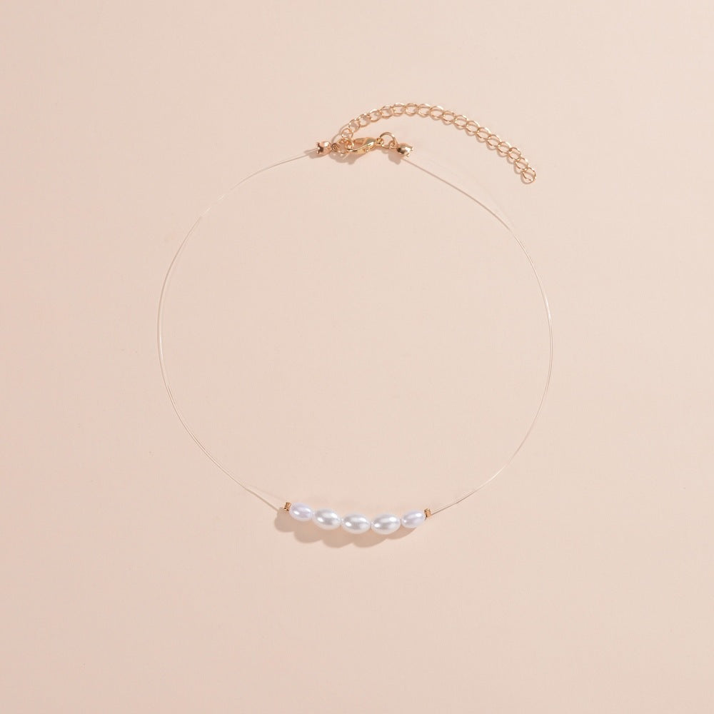 Oval Glass Pearl Chain Necklace