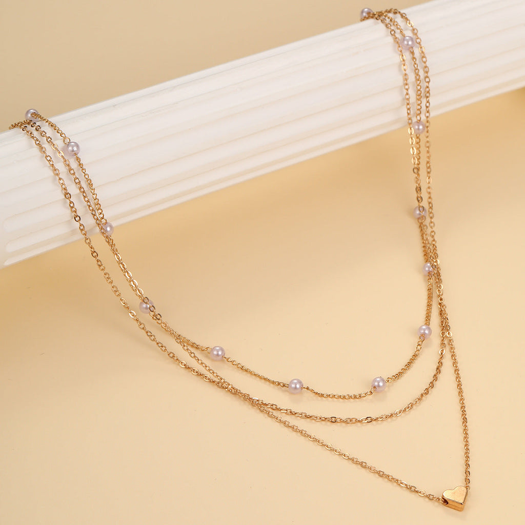 Alloy Heart Necklace Double Layer Fashion Chain Pearl Necklace