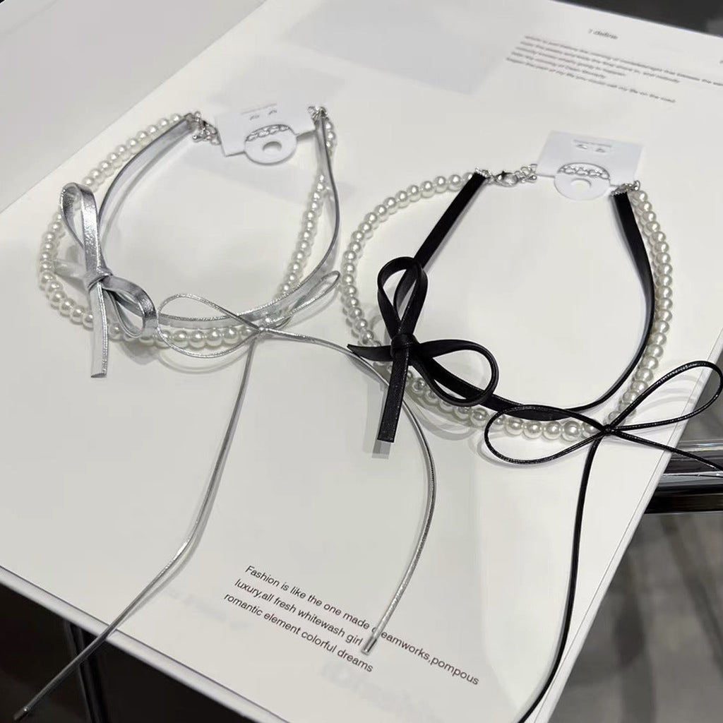 Double-layer Pearl Leather butterfly Collar Necklace Jewelry