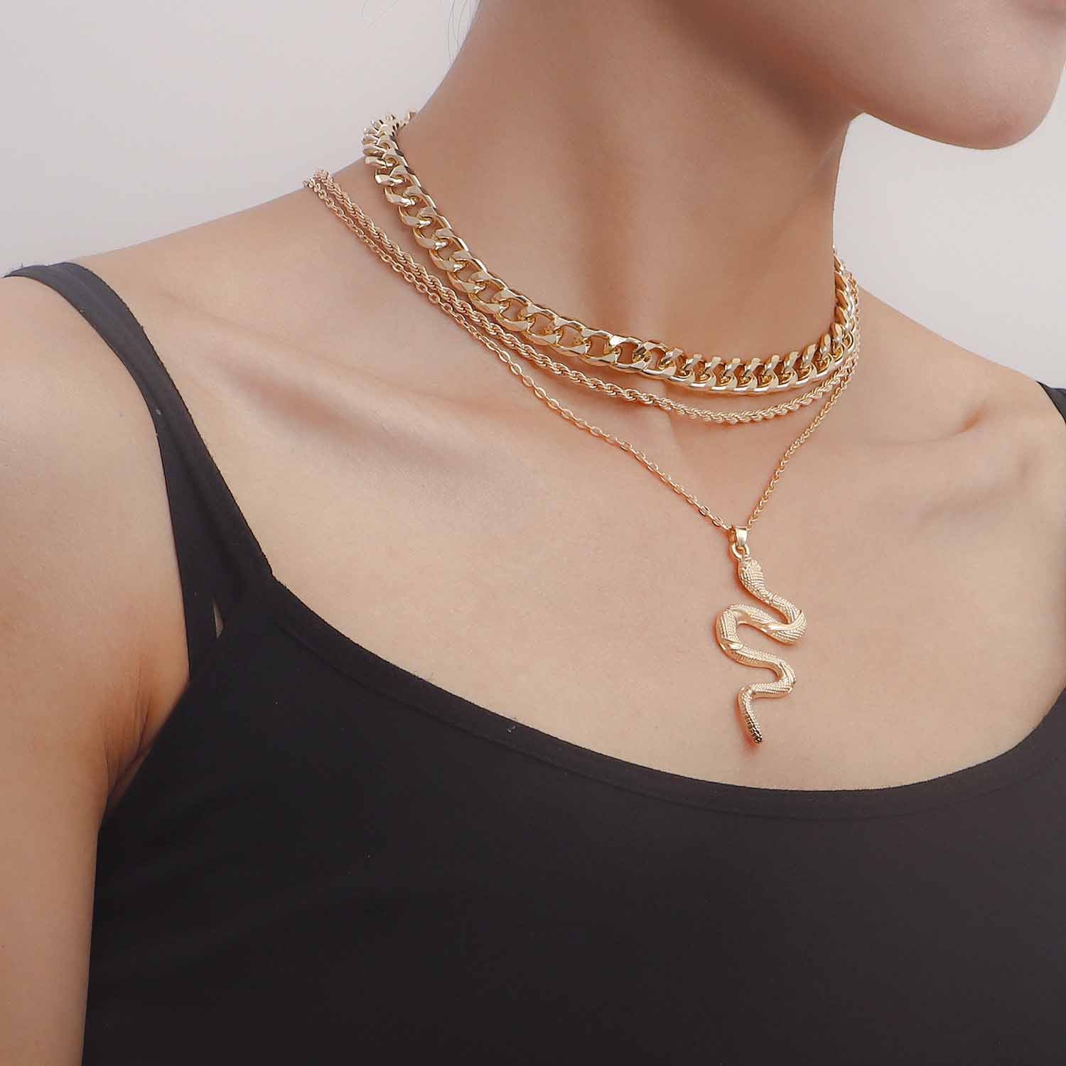 Vintage Cuban Chain Multi Layered Snake Pendant Necklace