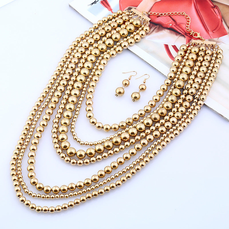 Multi Layer Pearl Beaded Long Statement Necklace