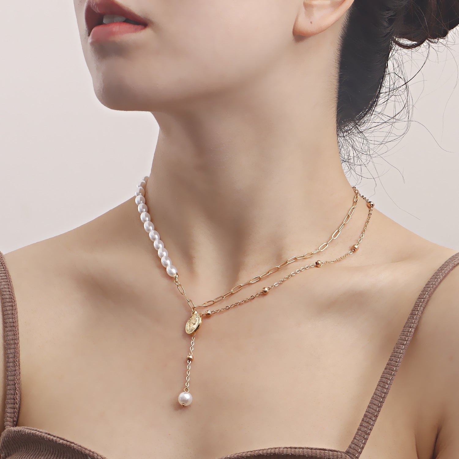 Punk Jewelry Imitation Pearl Coin Pendant Necklace