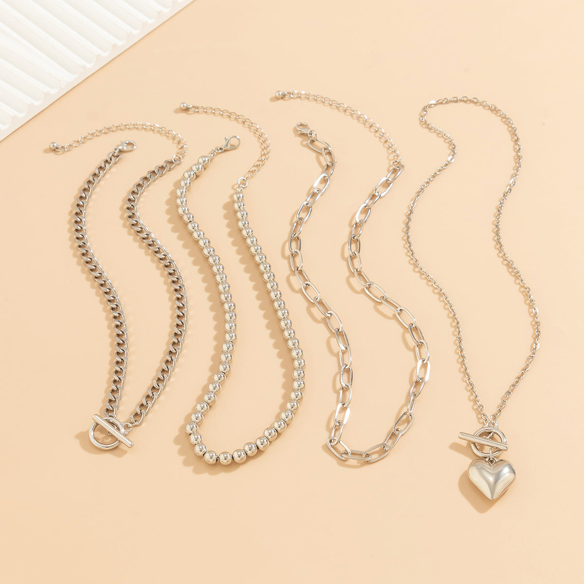 Multi Layer Chain Necklace Silver Round Beaded Necklace