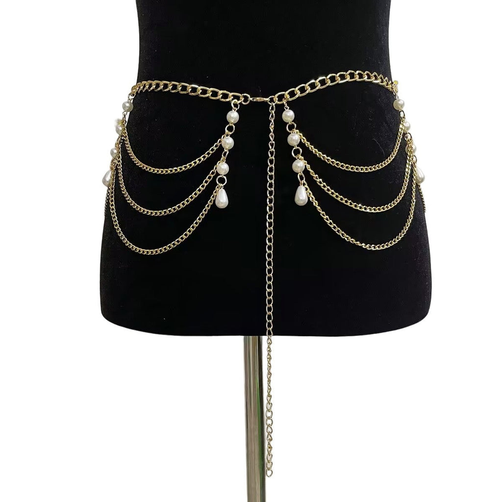 Chunky Curb Chain Belt Pearl Party Club Belly Jewelry