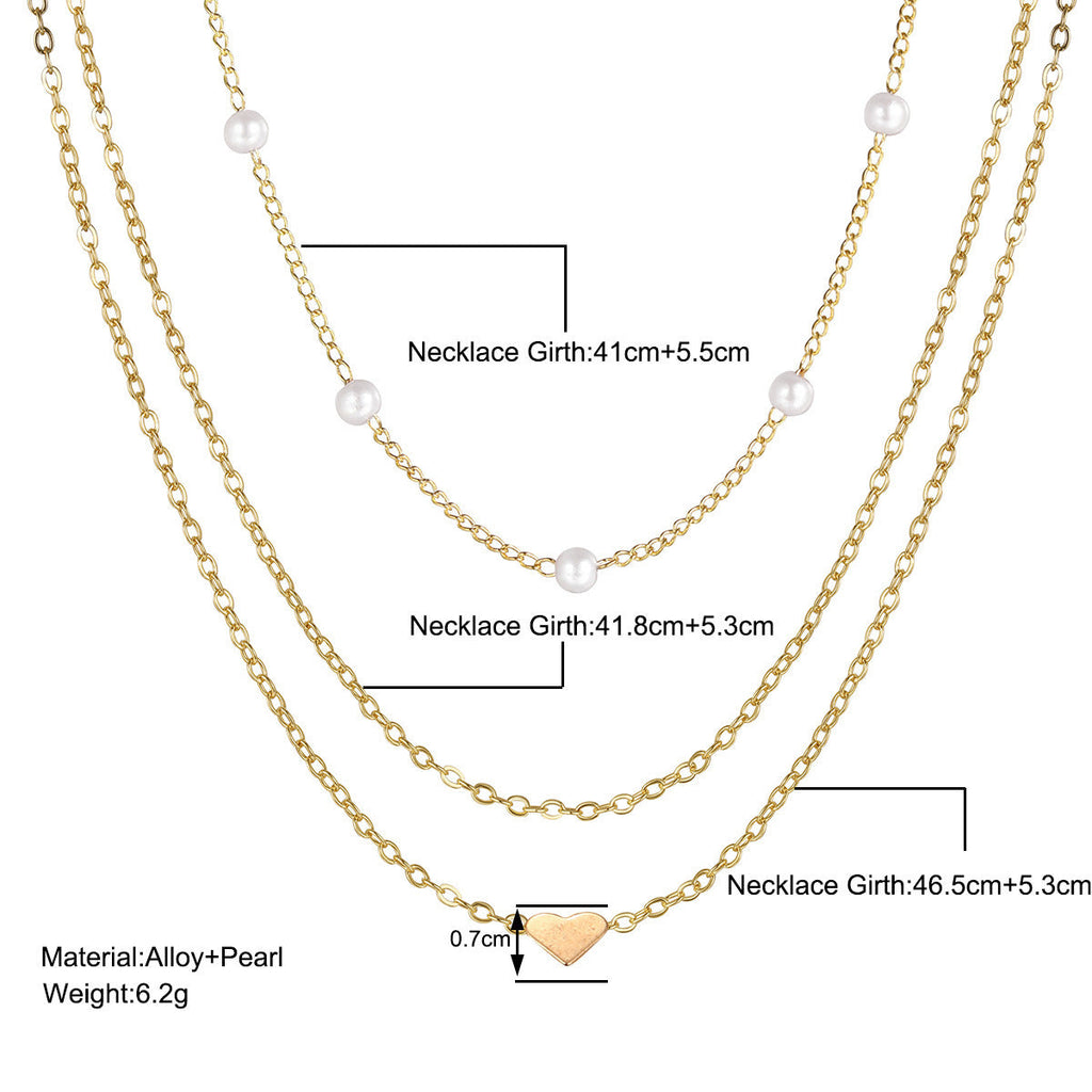 Alloy Heart Necklace Double Layer Fashion Chain Pearl Necklace