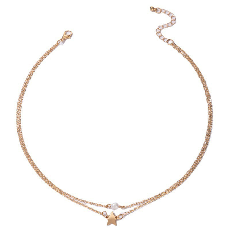 Star Pendant Imitation Pearl Necklace Double Layer