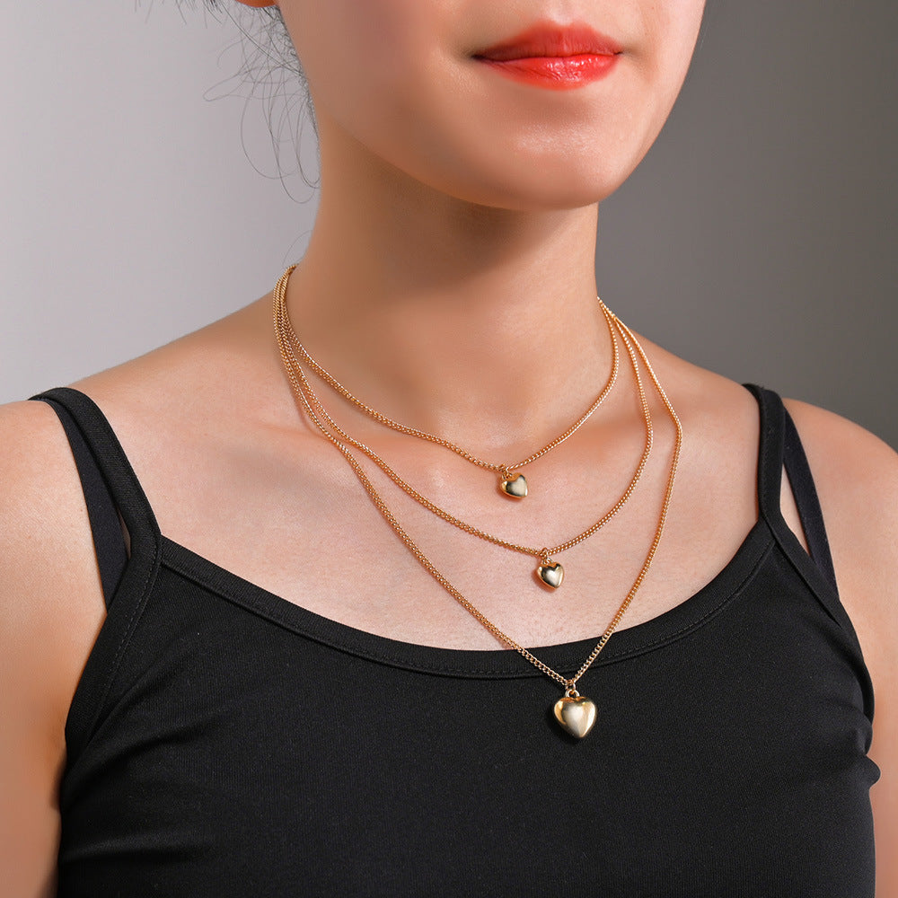 Multi Layers Chain Necklace Metallic Color Heart Pendant